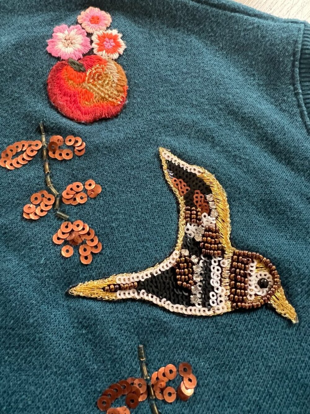 Disney x LC Lauren Conrad Embroidered Bird Sequin Cotton Sweater Teal L - Picture 5 of 6
